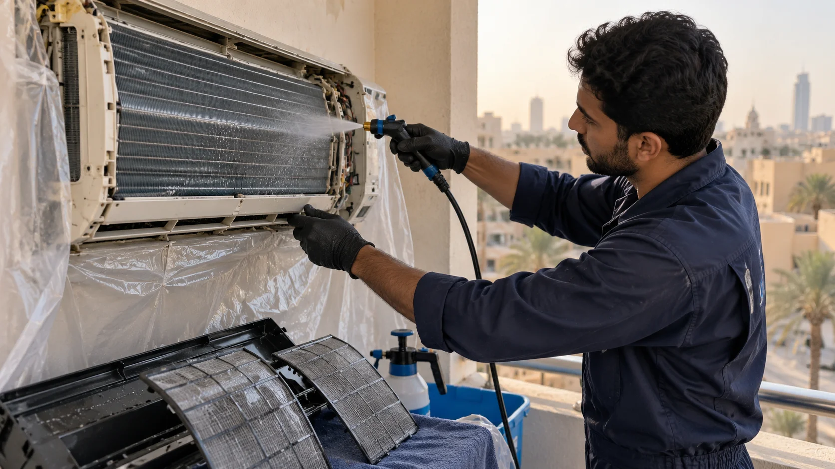 مشهد توضيحي لـتنظيف مكيفات حي النهضة بالرياض بخدمة داخل الموقع