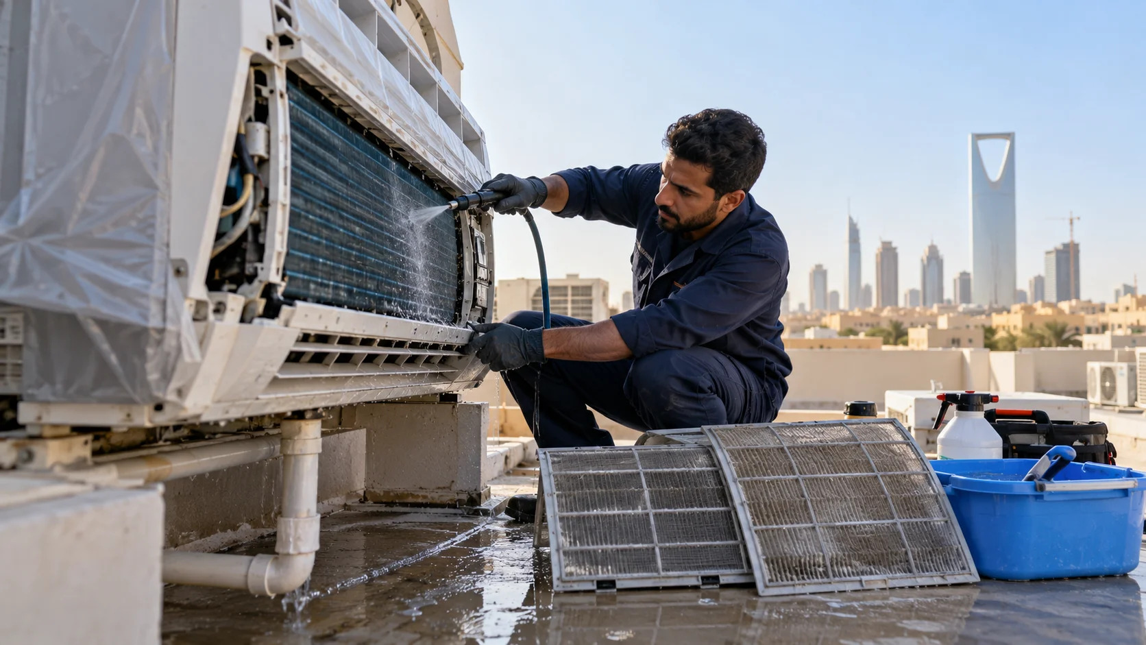 مشهد توضيحي لـتنظيف مكيفات حي الياسمين بالرياض مع فحص الصرف والهواء
