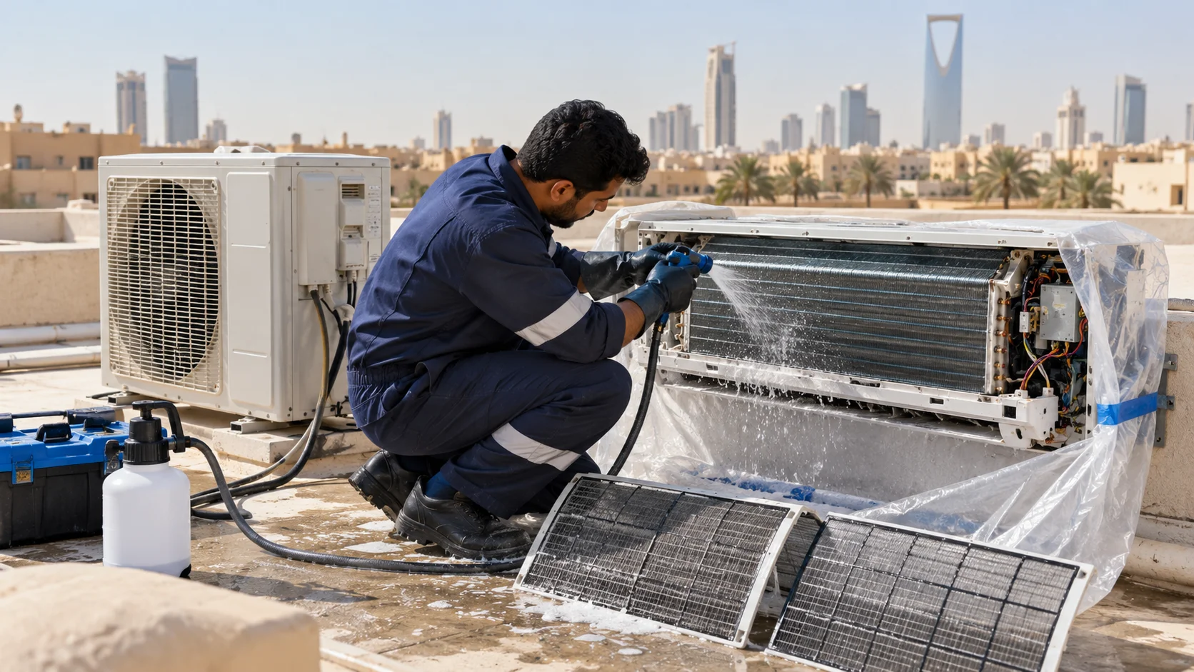 مشهد توضيحي لـتنظيف مكيفات هايسنس بالرياض