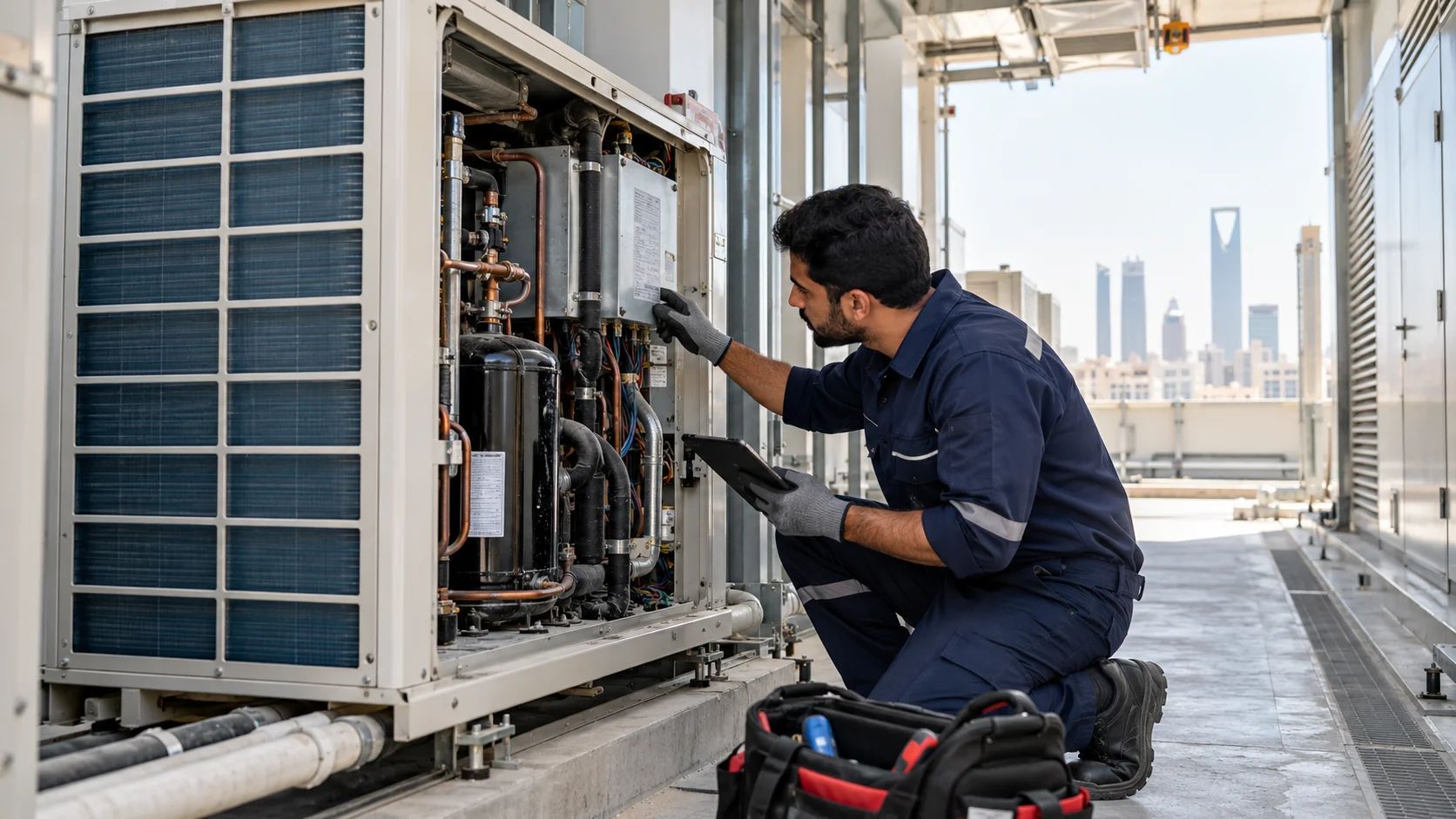 مشهد توضيحي لـصيانة مكيفات ميديا بالرياض للموديلات المنزلية والتجارية