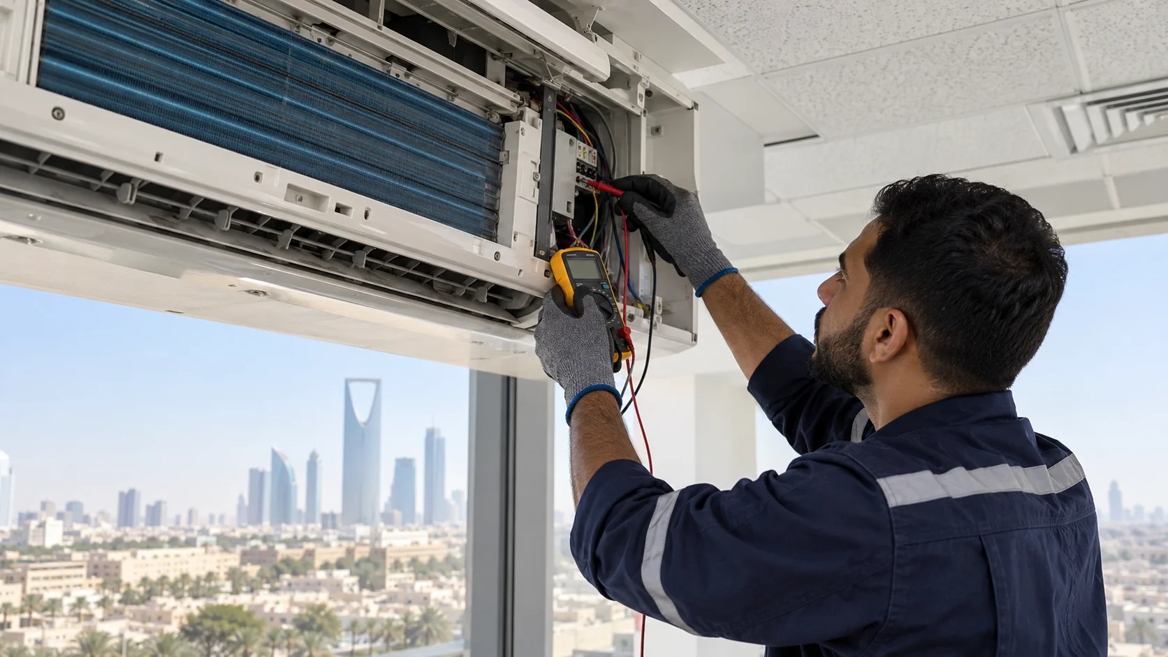 مشهد توضيحي لـصيانة مكيفات الرياض لخفض استهلاك الكهرباء