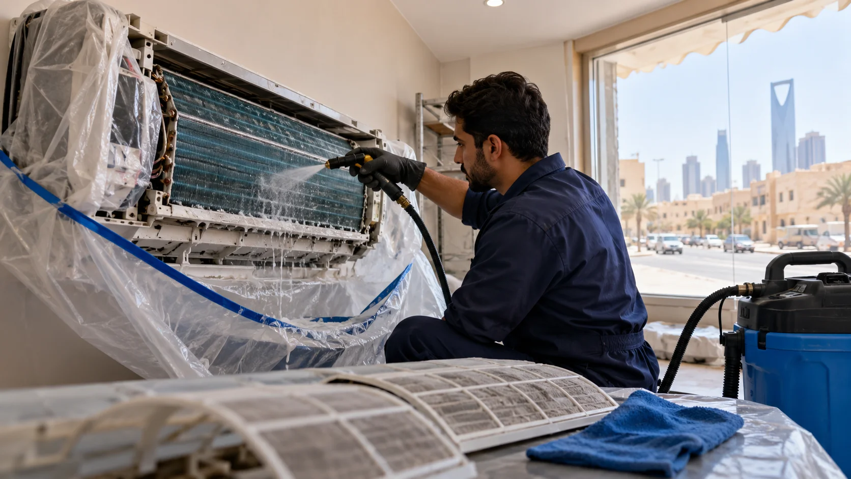 مشهد توضيحي لـتنظيف مكيف سبليت عميق بالرياض
