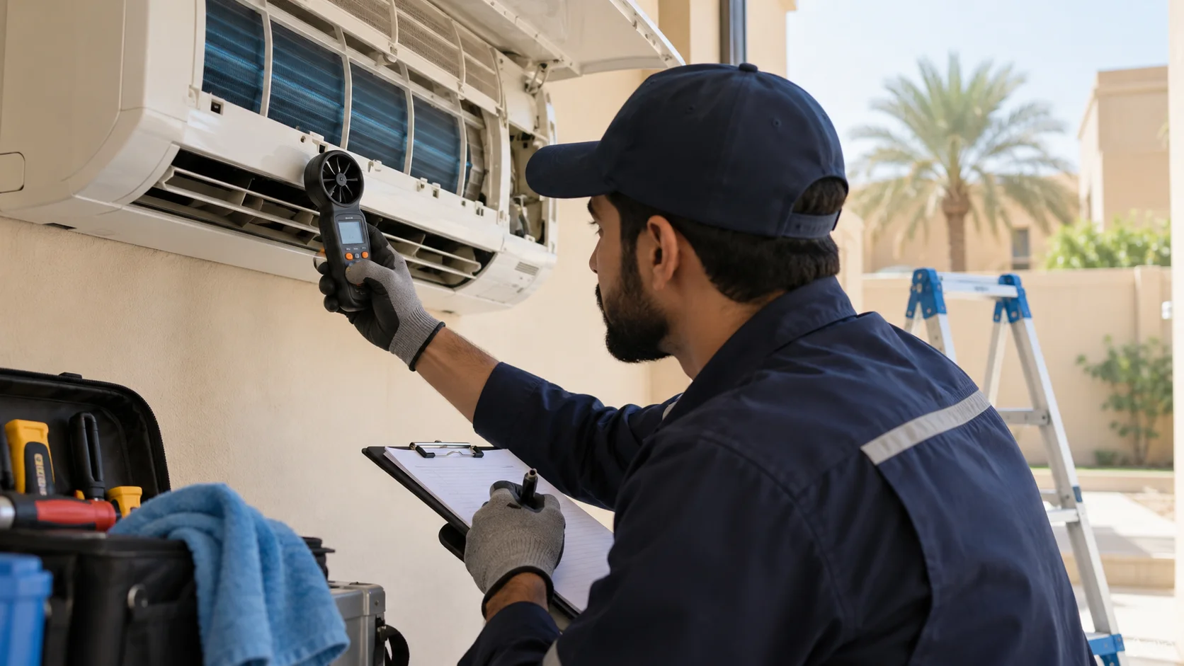 مشهد توضيحي لـصيانة مكيفات سبليت جنوب الرياض للإصلاح والتنظيف