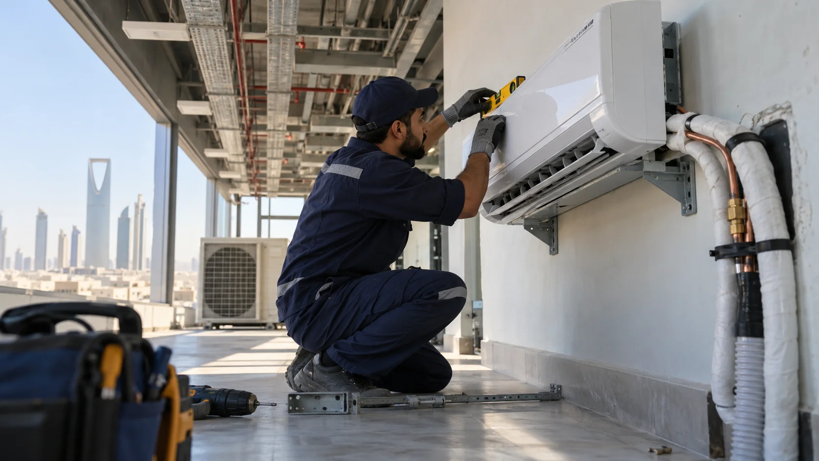 مشهد توضيحي لخدمة تركيب ونقل مكيفات بالرياض