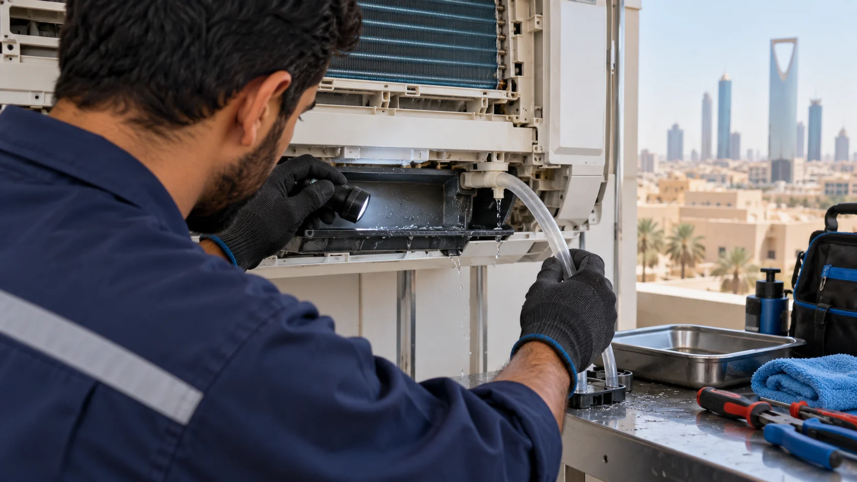 مشهد توضيحي لخدمة إصلاح تسرب ماء المكيف بالرياض
