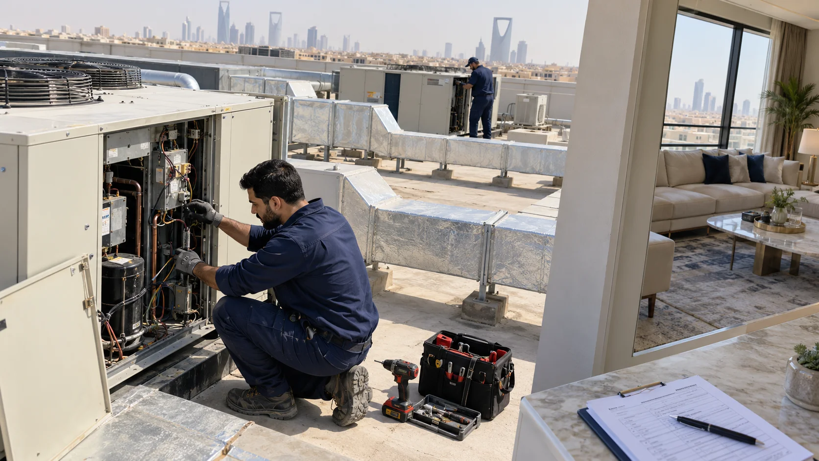 مشهد توضيحي لخدمة صيانة تكييف مركزي بالرياض