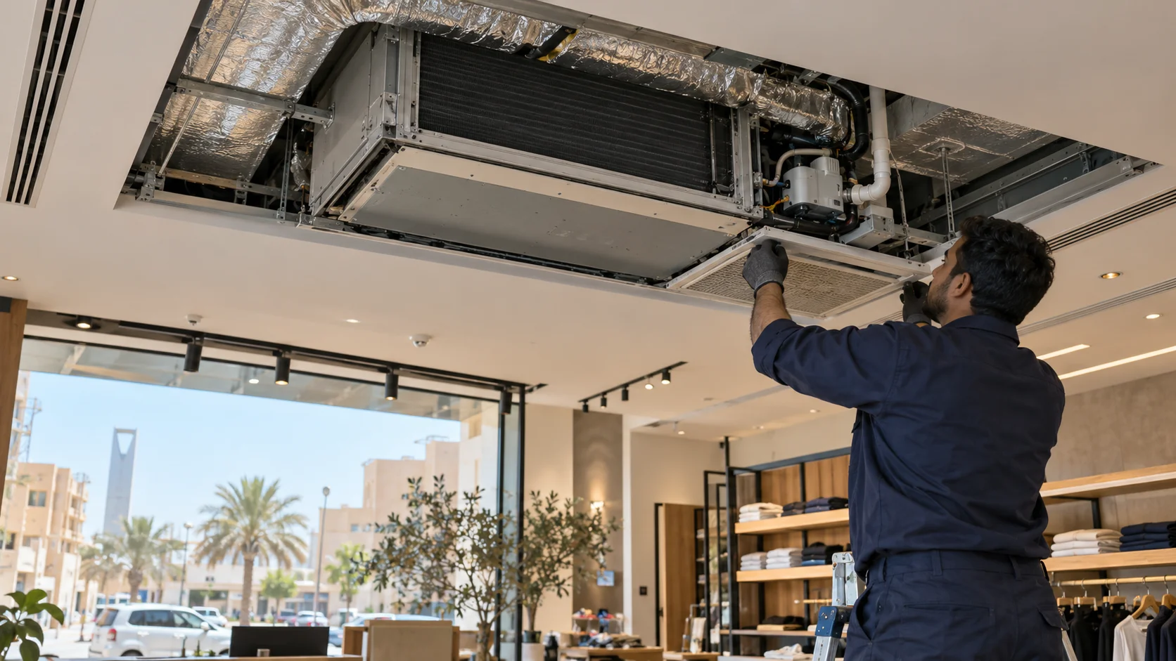 مشهد توضيحي لخدمة صيانة تكييف مخفي بالرياض